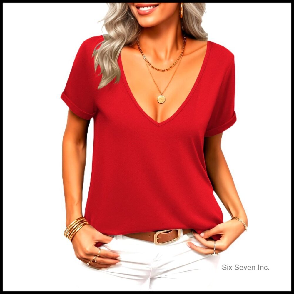 Deep V Neck Short Sleeve T-Shirt Sexy Loose Fit Summer Top Trendy